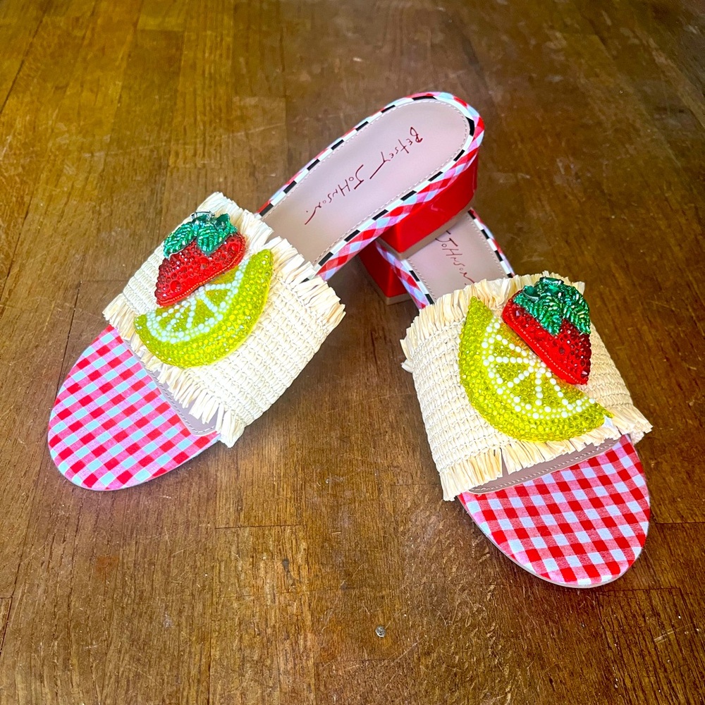 Betsey Johnson lindyy red and white gingham fruit slide sandals